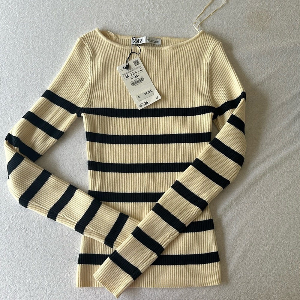 New with tags, Zara sweater, boat neck cream with navy stripes. Runs small. - Picture 1 of 1